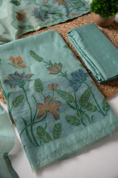 Trendy Tales Teal Cotton Unstitched Suit Set